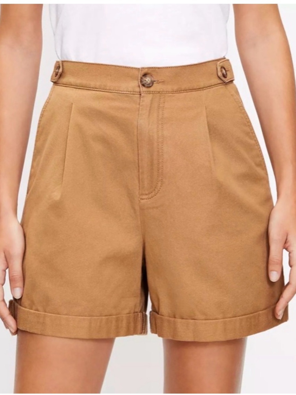 Loft High Waisted Pleated Twill Shorts Caramel Brown